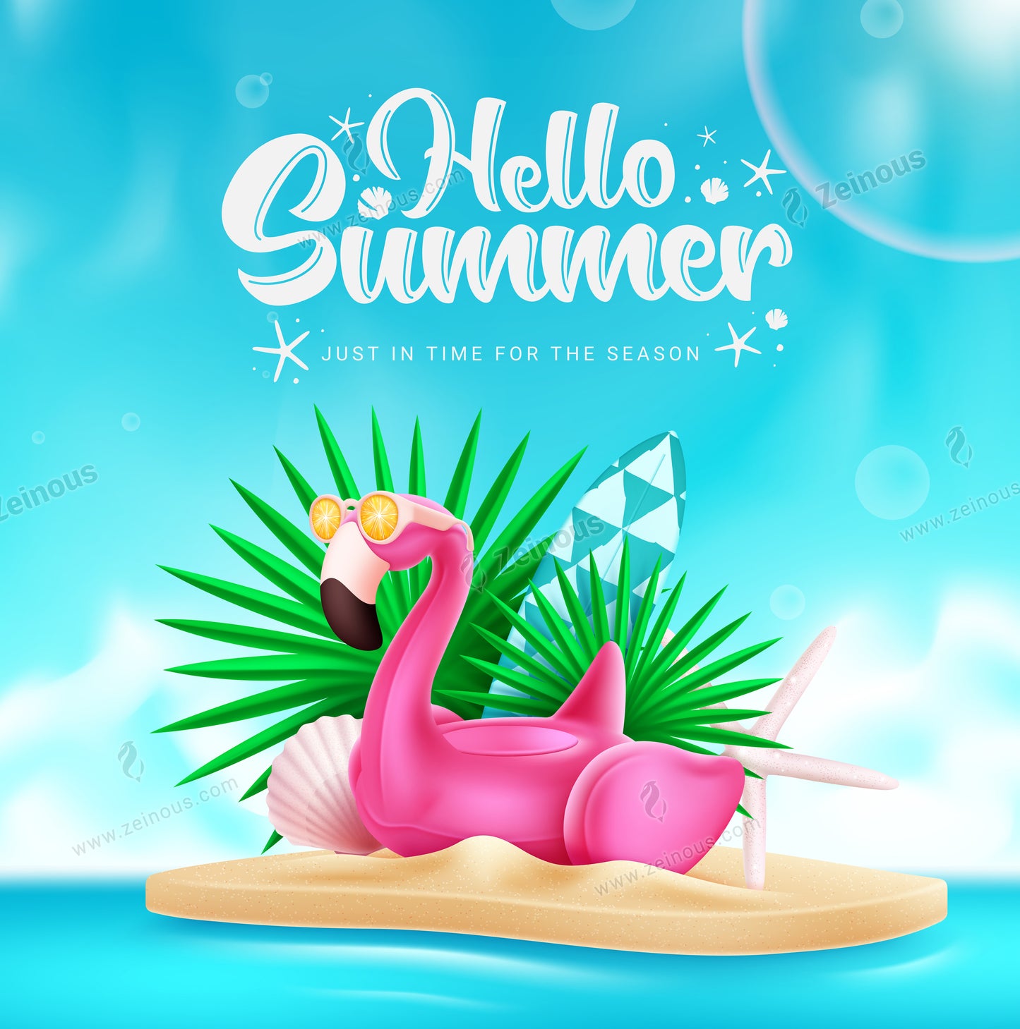 Hello summer vector design. Hello summer text with flamingo beach element in island background. Vector illustration summer season design.