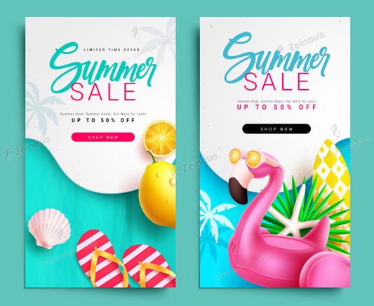 Summer sale vector poster set design. Summer sale text up to 50% off promo discount limited offer. Vector illustration summer banner advertisement background.