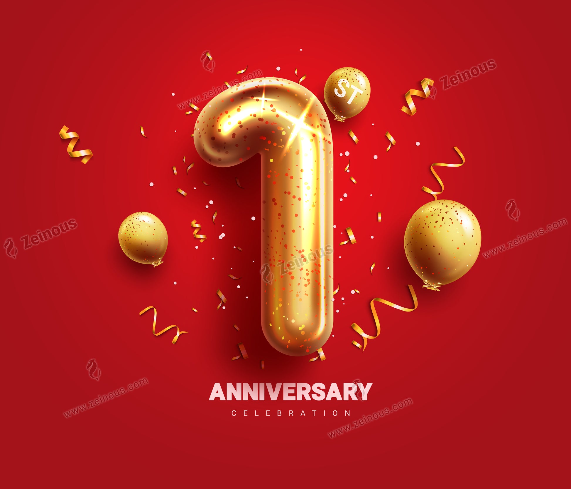 1st anniversary vector illustration. First year anniversary celebration with number one gold metallic color balloon elements. Vector illustration greeting card in vector EPS10 and JPG format.