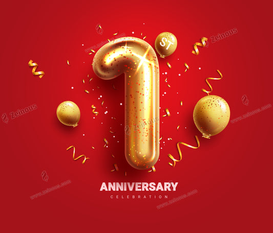 1st anniversary vector illustration. First year anniversary celebration with number one gold metallic color balloon elements. Vector illustration greeting card in vector EPS10 and JPG format.