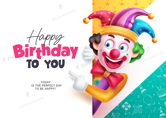 Happy birthday vector design template. Birthday greeting typography with happy, funny, smiling and colorful clown character. Vector illustration invitation card design.