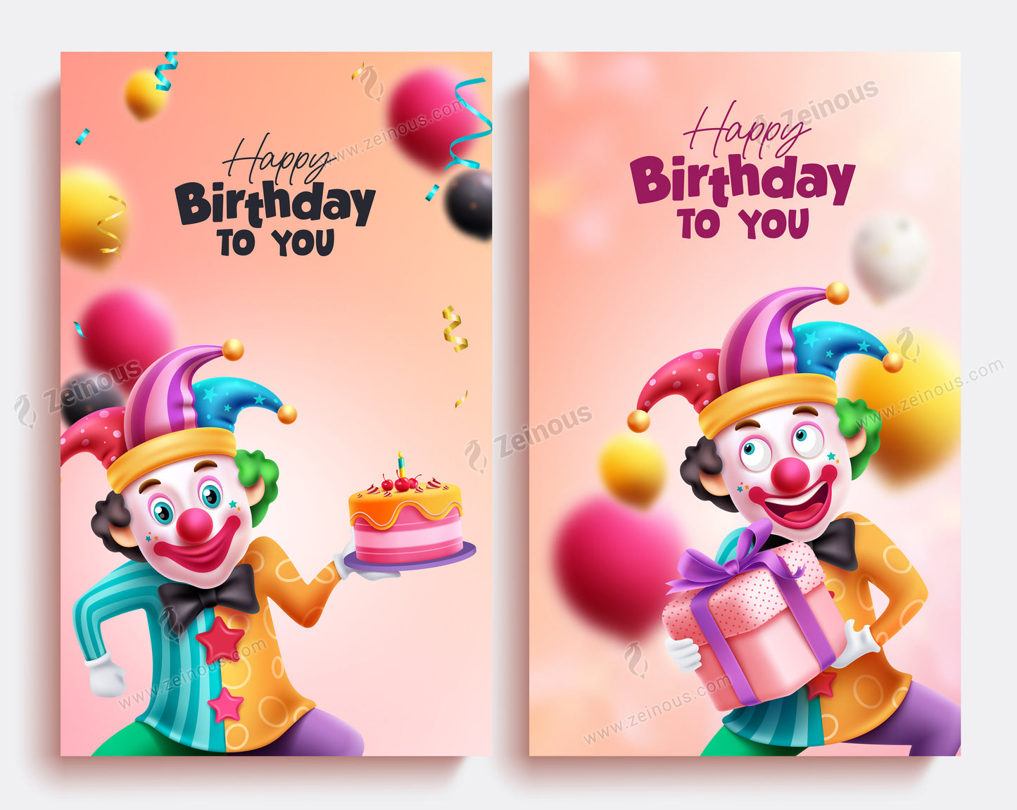 Happy birthday clown vector posters. Birthday clown character holding cake and gift for party celebration. Vector illustration greeting card design.