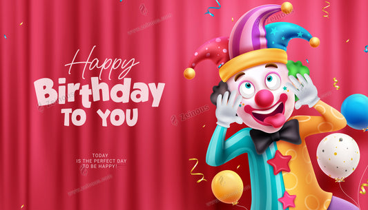 Happy birthday vector design. Birthday greeting in red space with funny clown comedian character. Vector illustration event and occasion card background.