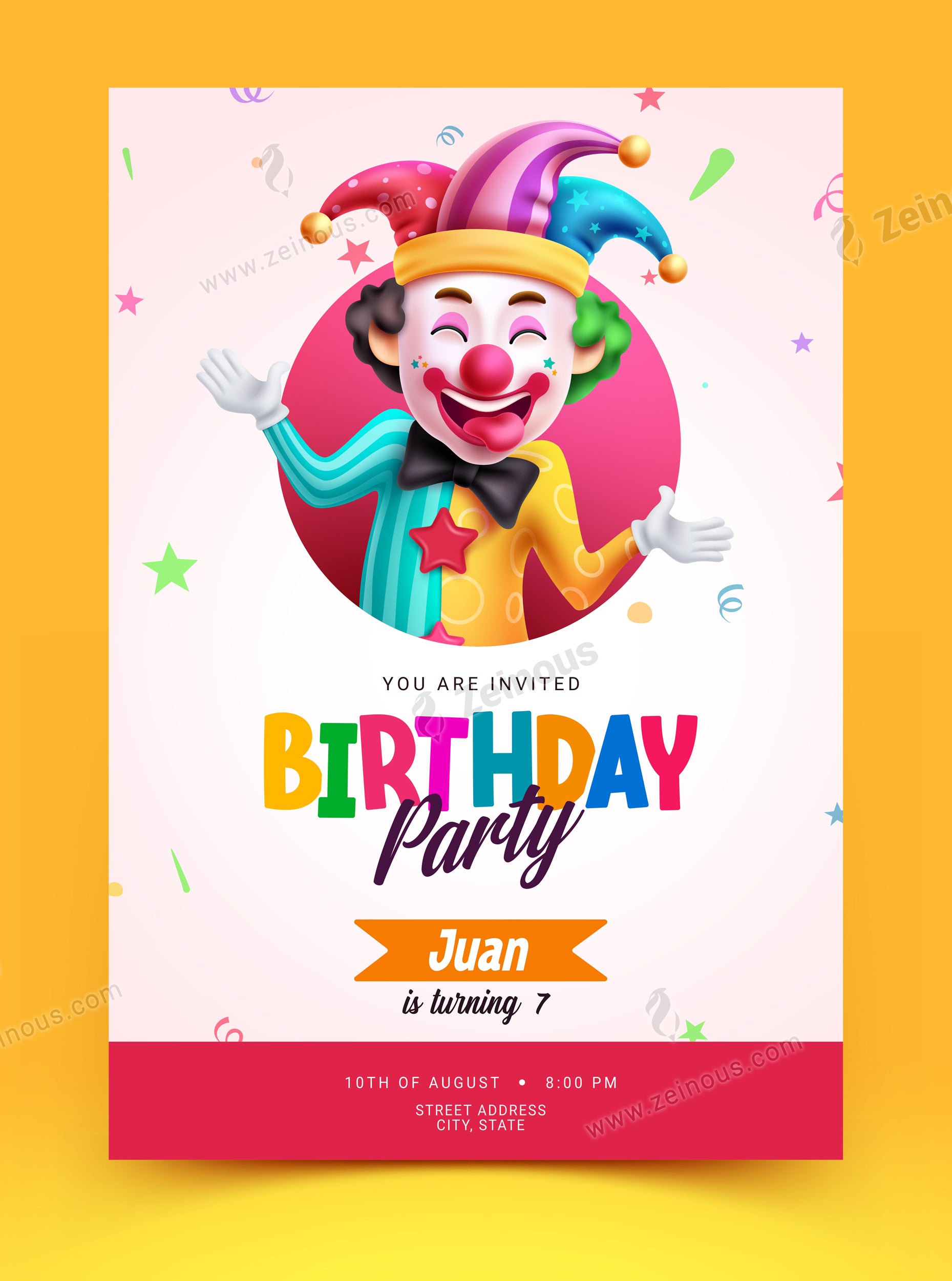 Birthday party vector poster design. Birthday invitation, greeting and post card with clown character in colorful outfit. Vector illustration event celebration card template.