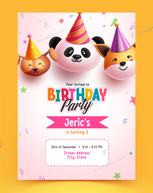 Birthday party invitation card poster design. Happy birthday greeting text with animal character party theme. Vector illustration invitation card template.