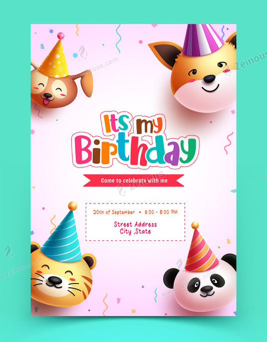 Birthday invitation card vector poster design. Happy birthday kids party celebration with animal cartoon character elements. Vector illustration greeting postcard.