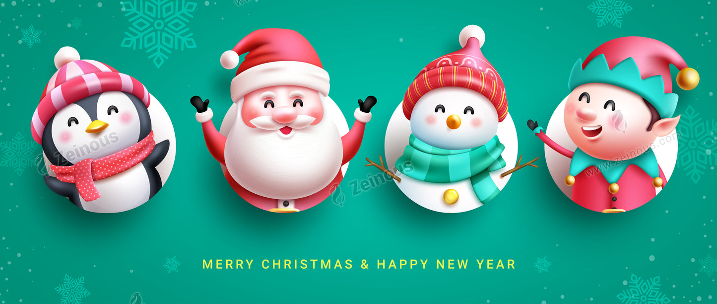 Christmas characters set vector design. Merry Christmas and happy new year text with seasonal character in green background. Vector illustration cartoon and mascot collection.