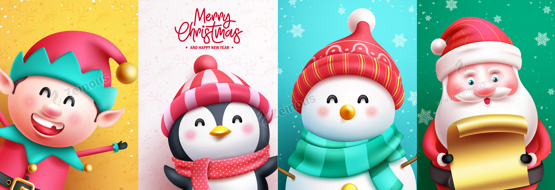 Christmas characters poster vector set. Merry Christmas greeting text with Xmas characters like Santa Claus, snowman, penguin and reindeer character. Vector illustration seasonal characters lay out collection.