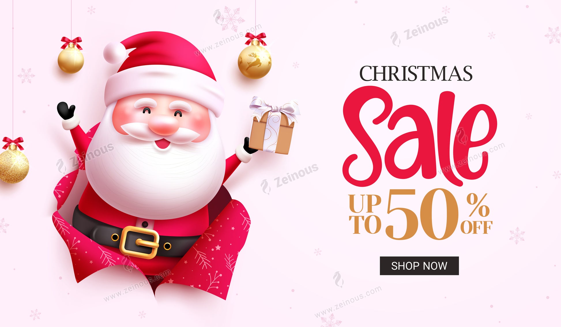 Christmas sale vector banner design. Christmas Santa Claus character in hole torn background for seasonal shopping discount promo ads. Vector illustration holiday sale banner.