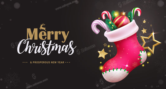 Merry Christmas greetings card vector design. Christmas greeting card with red Santa socks, candy cane and stars decoration elements. Vector illustration Xmas greeting card background.