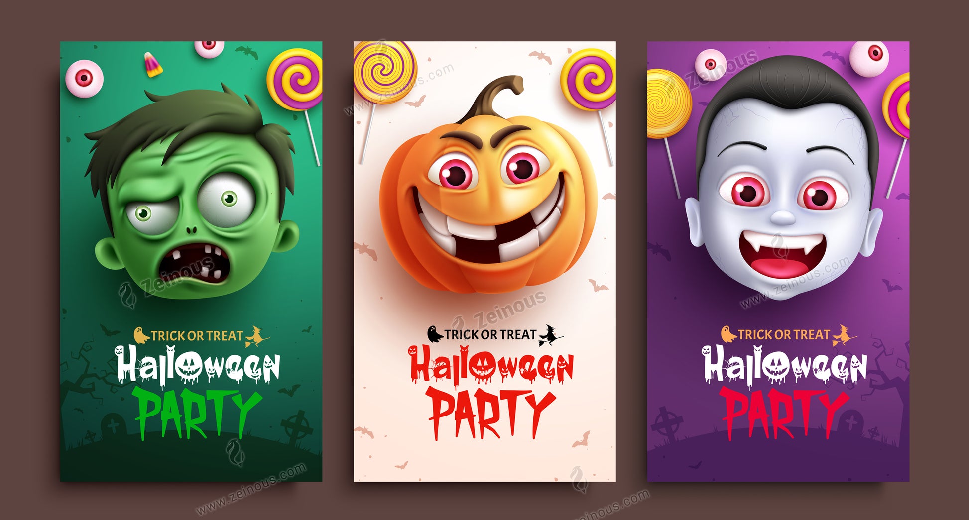 Halloween party poster vector designs. Halloween trick or treat text with horror characters for gift tag, sticker and postcard collection. Vector illustration party dedication gift tags.