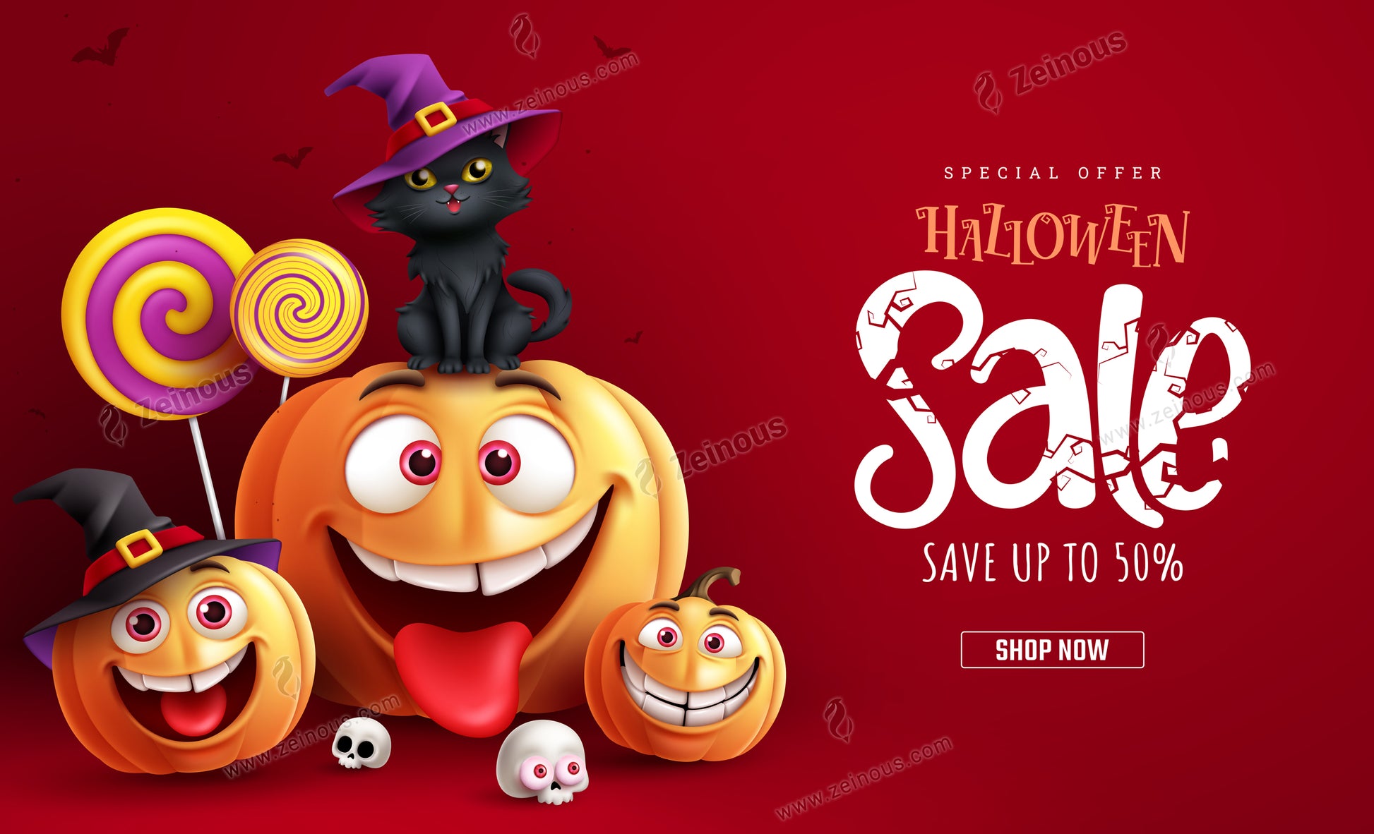 Halloween sale vector banner design. Halloween special offer discount with pumpkins and cat characters elements for holiday shopping background. Vector illustration promotion advertisement banner.