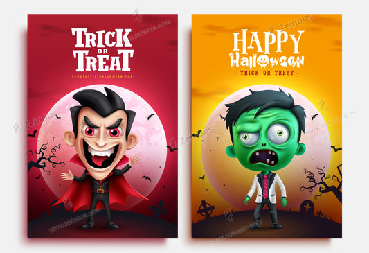 Happy halloween vector poster set design. Halloween trick or treat invitation greeting card with vampire and zombie characters in full moon background. Vector illustration invitation card tags collection.