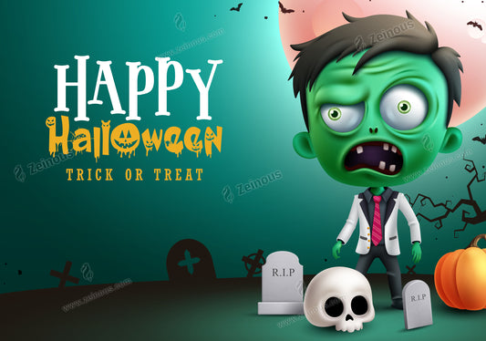 Happy Halloween zombie vector design. Halloween greeting and trick or treat invitation card with zombie man character in cemetery background. Vector illustration seasonal holiday party card design.