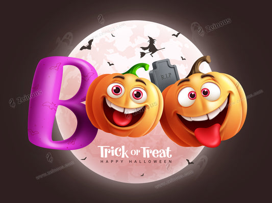 Trick or Treat vector design with boo greeting text and pumpkins characters in scary creepy full moon background. Happy Halloween vector illustration.