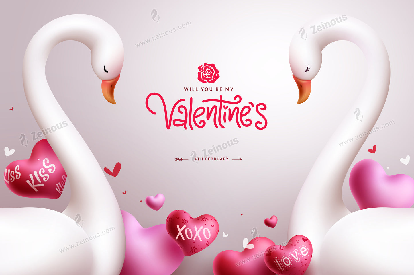 Valentine's swan couple vector design. Valentine's day invitation card with cygnet lovers symbol and heart balloons elements decoration. Vector illustration Happy valentine's hearts day greeting card.