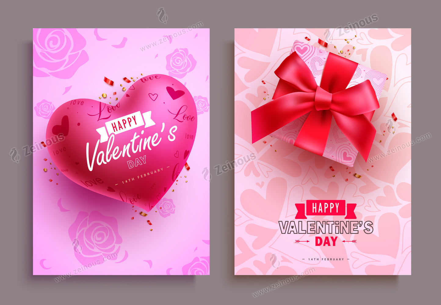 Happy valentine's day vector posters. Valentine's day greeting, invitation and dedication card collection with heart and gift box decoration elements. Vector illustration hearts day invitation card collection.