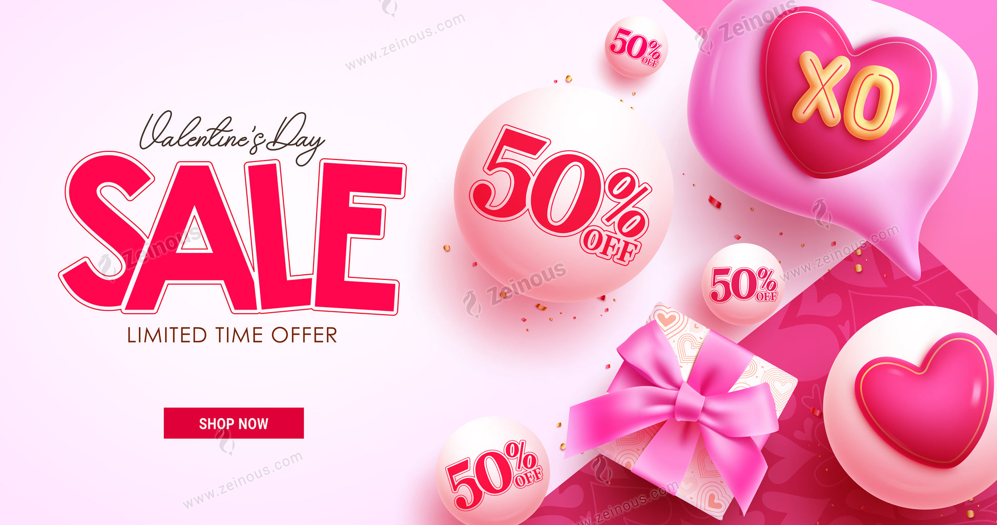 Valentine's day sale vector banner. Valentine's day limited time offer with 50% off discount price for shopping background. Vector illustration hearts day promotion advertisement design.