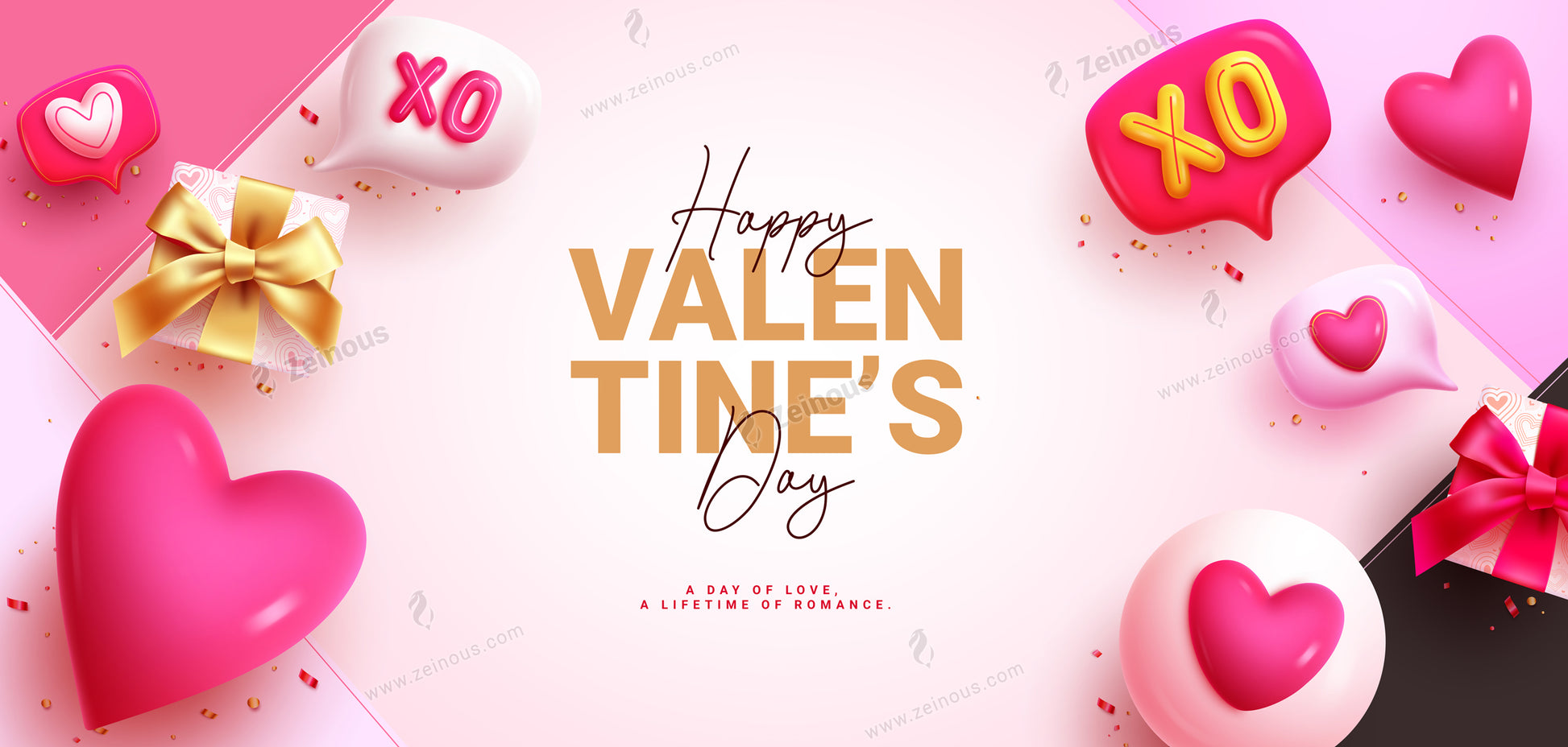 Happy valentine's day vector banner. Valentine's day greeting card with inflatable heart balloon decoration elements for holiday season background. Vector illustration hearts day invitation card design.