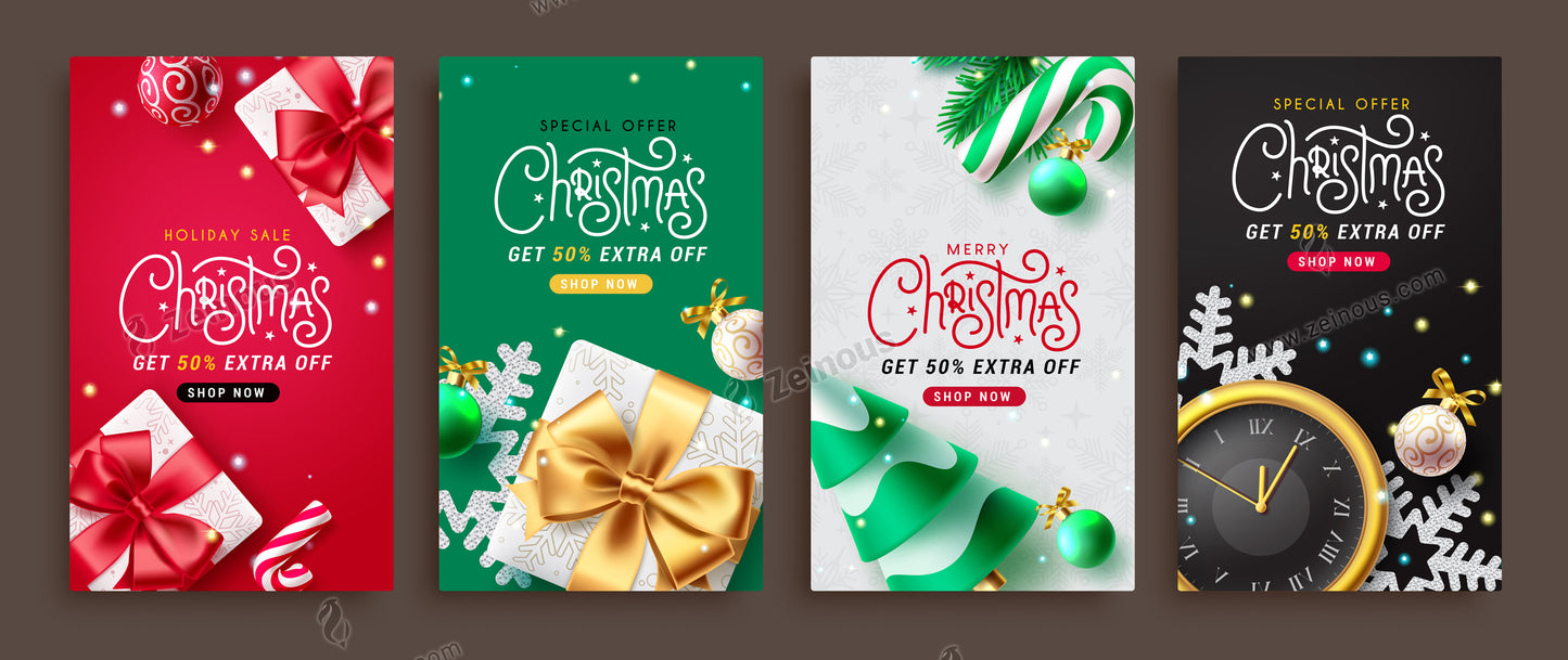 Christmas sale vector poster design. Christmas holiday sale with special offer text for shopping discount card collection. Vector illustration Xmas season promotion.