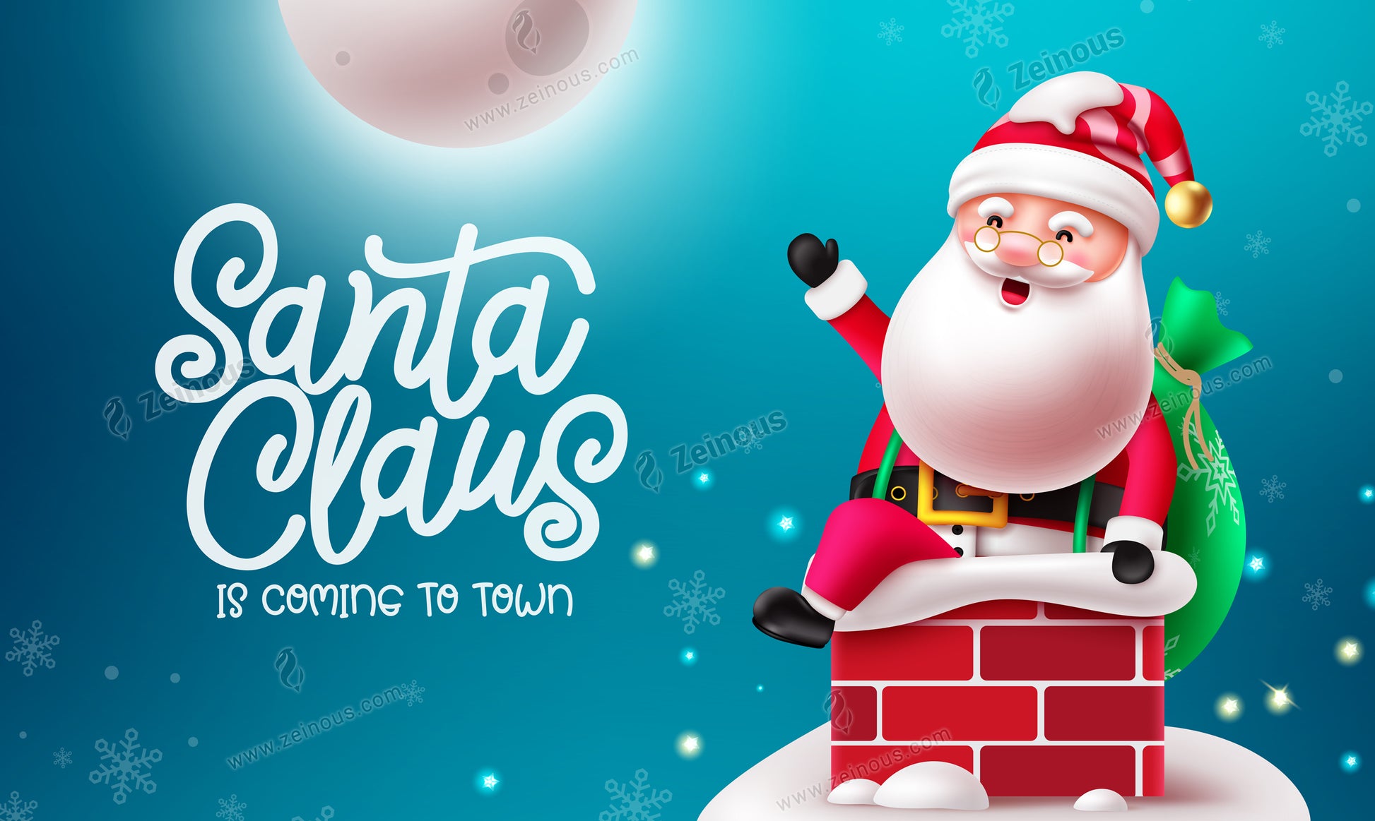 Santa Claus Christmas vector design. Christmas Santa Claus character with gift sacks and roof top chimney in night full moon background. Vector illustration Santa Claus is coming to town concept.