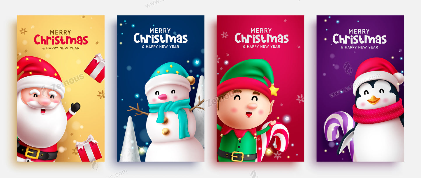 Merry Christmas text vector poster designs. Christmas and happy new year greeting card lay out collection for holiday season background. Vector illustration Xmas characters for seasonal postcard.