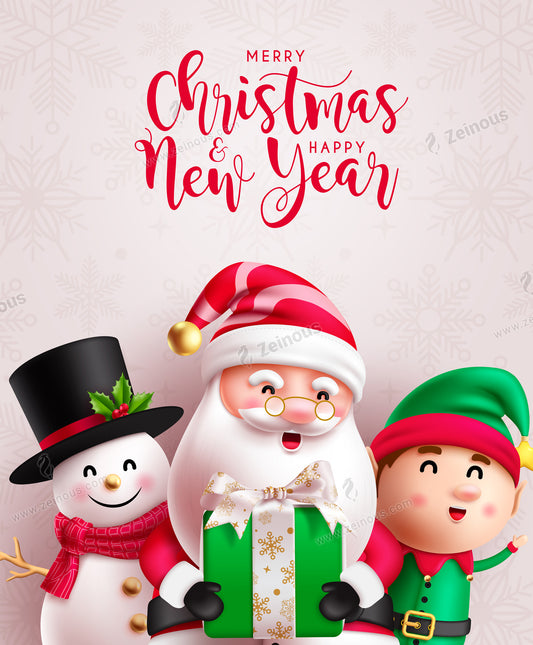 Christmas characters vector poster design. Merry Christmas and happy new year greeting text with Santa Claus, snowman and reindeer character holding gift box in pattern background. Vector illustration Xmas card design.